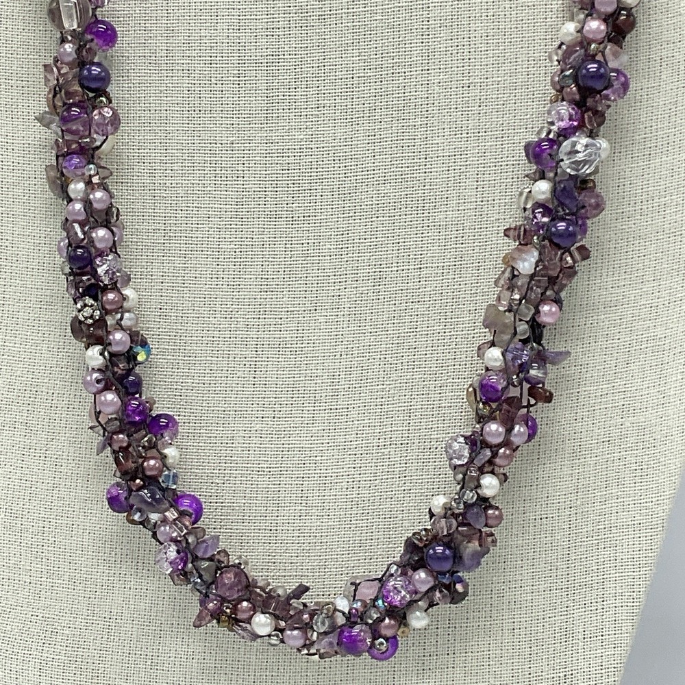 Artisan Chunky Beaded Necklace Purple Glass Stone Pearl Cluster 26" Statement
